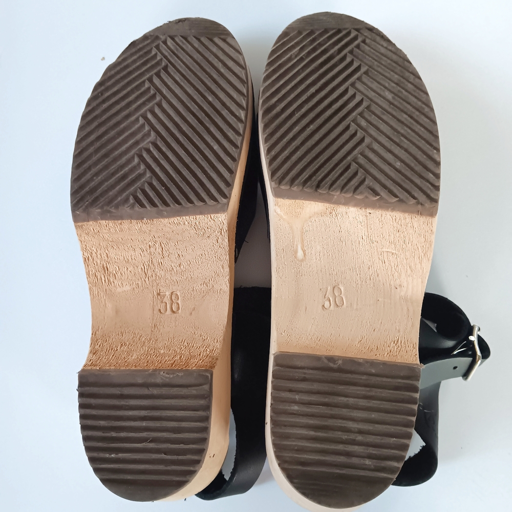 Lotta's Lotta From Stockholm Low Wood Black Leather Swedish Wooden Clogs Size 38 - Picture 9 of 9